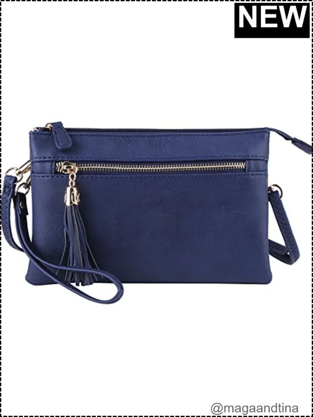 Faux Leather Multi Compartment Wristlet Clutch Crossbody Bag with Detachable